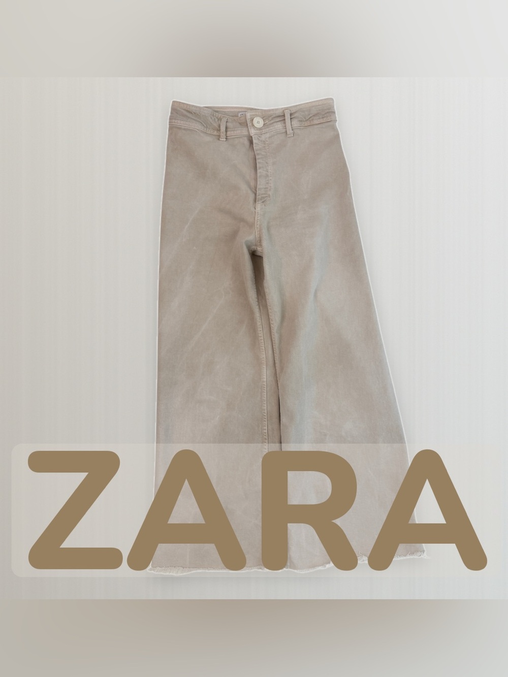 Zara High-Rise Wide-Leg Jeans Sz USA 8 EUR 40 Beige Greige Raw Frayed Hem